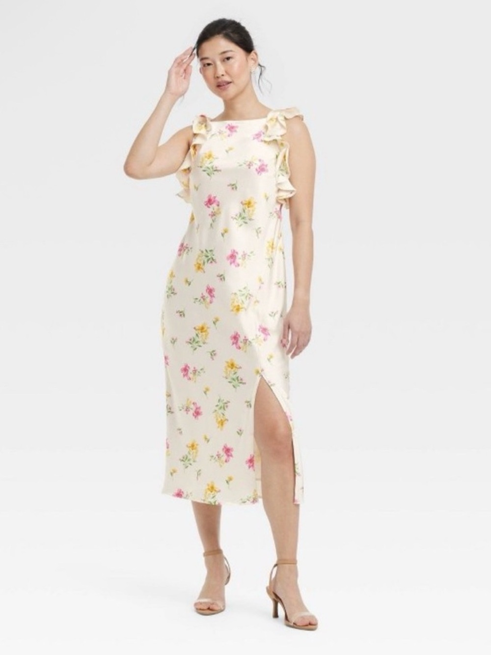 A NEW DAY Sleeveless Cream Satin Floral Midi Dress with Ruffle Shoulders - Sm